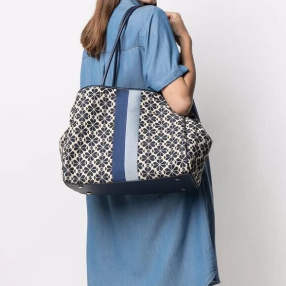 Kate Spade Everything Tote Large Flower Jacquard Stripe Blue Wristlet Adjustable - Picture 3 of 11